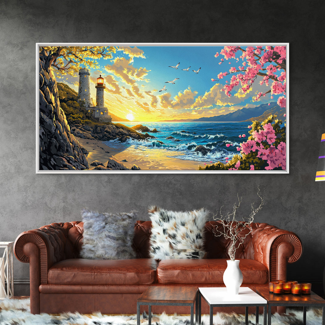 Twin Lighthouses With Cherry Blossoms At Sunrise Canvas Print, Coastal Wall Art, Beach House Decor, Nautical Living Room Art