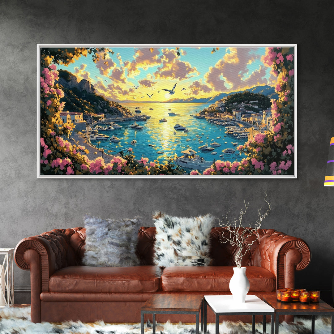 Mediterranean Harbor Sunset With Boats And Flowers Wall Art, Italy Coastal Print, Travel Poster, Living Room Decor Gift Idea
