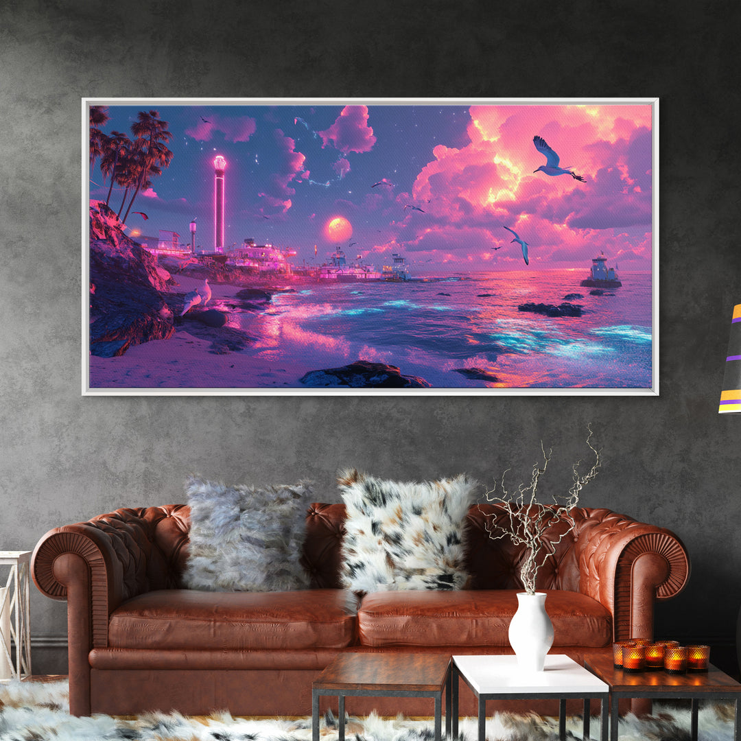 Neon Pink Coastal City At Moonlit Sunset Canvas Print, Vaporwave Wall Art, Futuristic Beach Decor, Gaming Room Poster Print