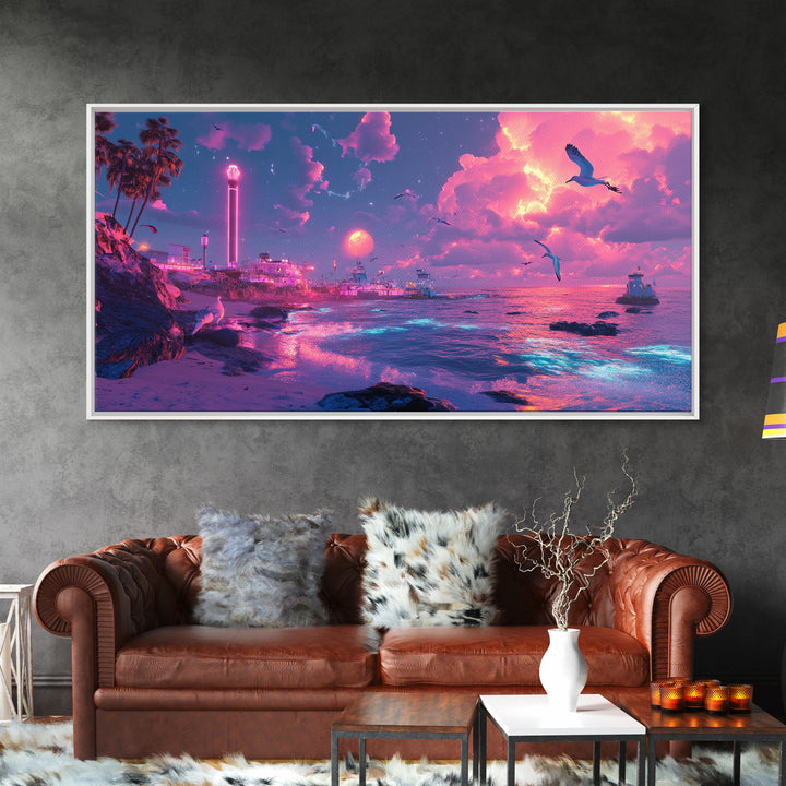 Neon Pink Coastal City At Moonlit Sunset Canvas Print, Vaporwave Wall Art, Futuristic Beach Decor, Gaming Room Poster Print