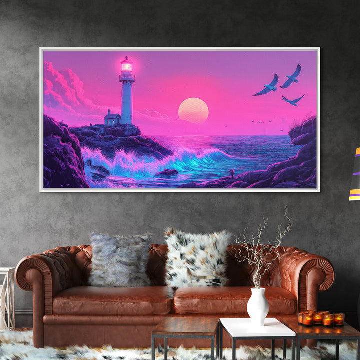 Pink Lighthouse Sunset With Turquoise Waves Framed Canvas Print, Coastal Wall Art, Vaporwave Beach Decor, Ocean Poster Print