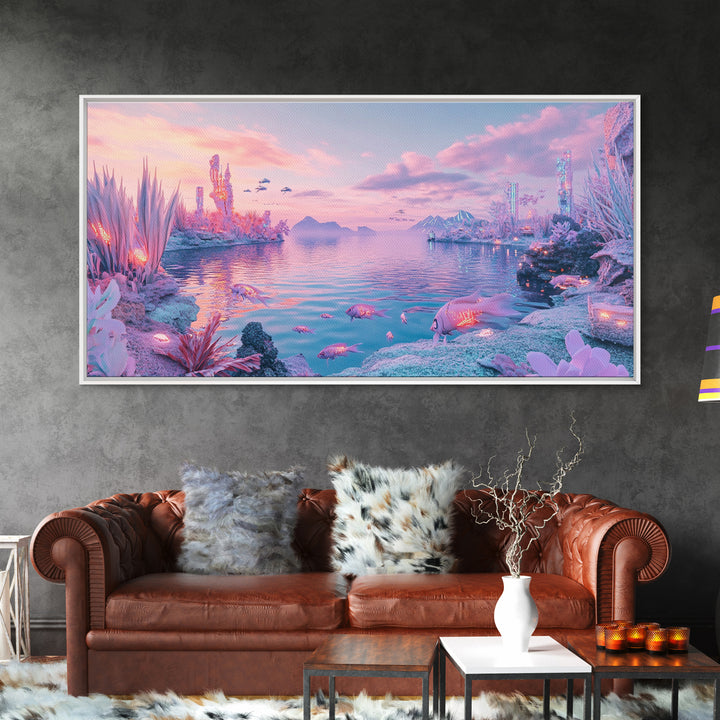 Pastel Alien Crystal Shore With Glowing Wildlife Wall Art, Fantasy Landscape Print, Sci Fi Decor, Dreamy Nursery Wall Art