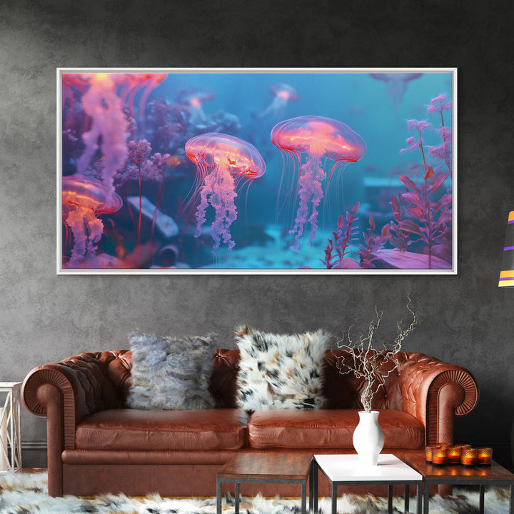Glowing Jellyfish Garden Under Turquoise Sea Canvas Print, Underwater Wall Art, Ocean Decor, Marine Life Nursery Art Print