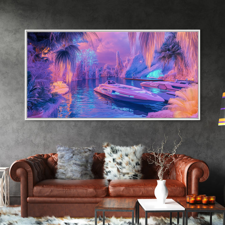 Neon Tropical Lagoon Canvas Print, Futuristic Palm Boat Wall Art, Dopamine Decor, Gaming Room Decor, Vibrant Coastal Art