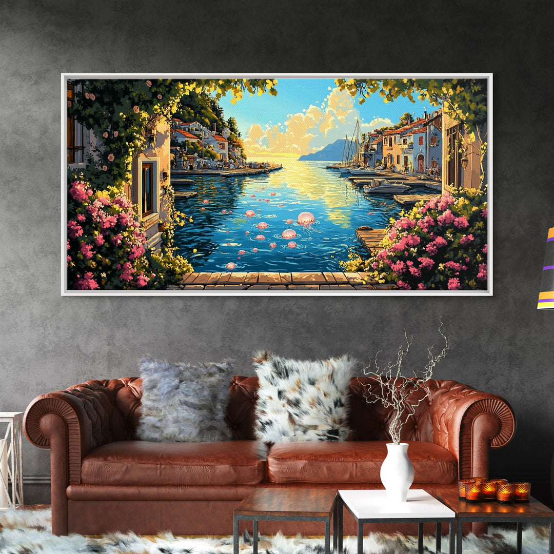 Mediterranean Flower Harbor Wall Art, Sunny Coastal Village Canvas Print, Lake Como Decor, Living Room Wall Art Gift For Her