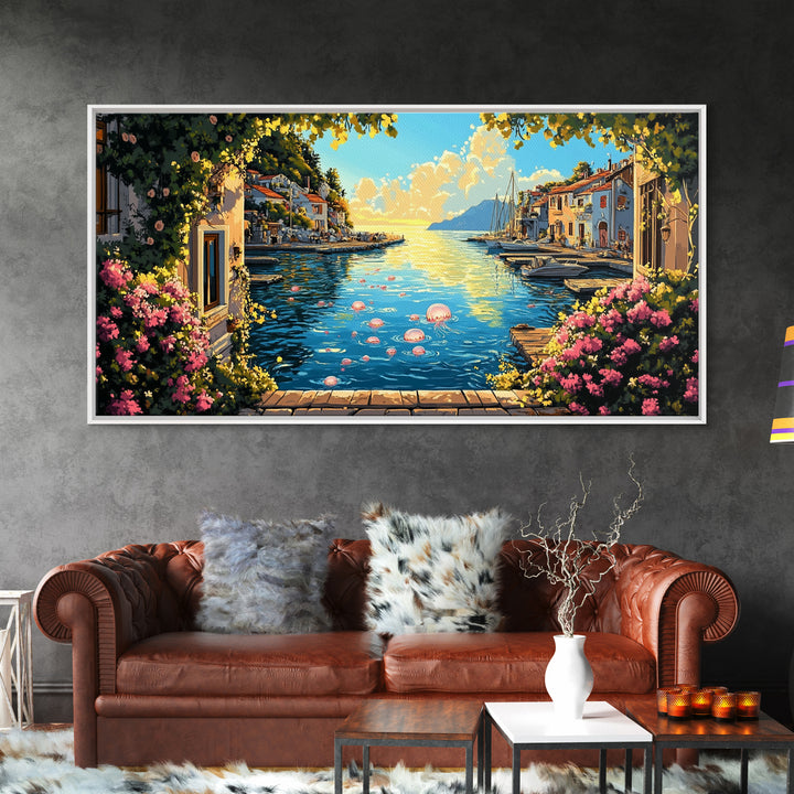 Mediterranean Flower Harbor Wall Art, Sunny Coastal Village Canvas Print, Lake Como Decor, Living Room Wall Art Gift For Her