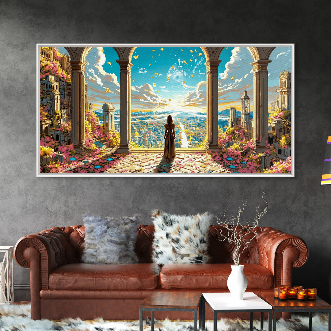 Arched Terrace Fantasy City Wall Art, Woman Over Sunlit Kingdom Framed Canvas Print, Maximalist Decor, Statement Artwork