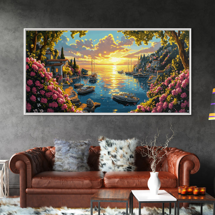 Golden Amalfi Harbor Sunset Wall Art, Coastal Village Seascape Canvas Print, Mediterranean Decor, Above Sofa Wall Art Gift