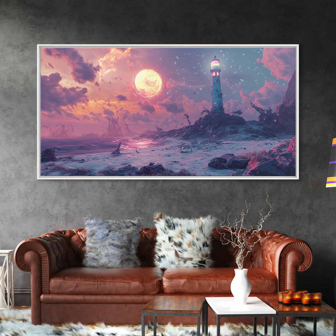 Pink Moon Lighthouse Seascape Wall Art, Fantasy Coastal Canvas Print, Moody Ocean Decor, Celestial Wall Art For Bedroom Decor