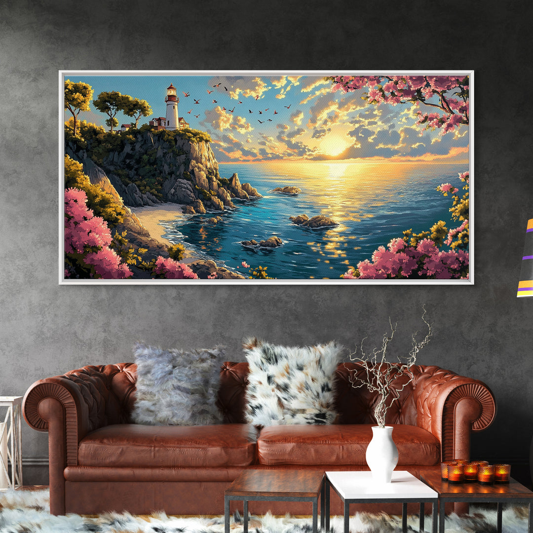 Sunlit Lighthouse Cliff Wall Art, Coastal Ocean Seascape Canvas Print, Beach House Decor, Nautical Wall Art Gift For Her