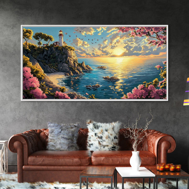 Sunlit Lighthouse Cliff Wall Art, Coastal Ocean Seascape Canvas Print, Beach House Decor, Nautical Wall Art Gift For Her