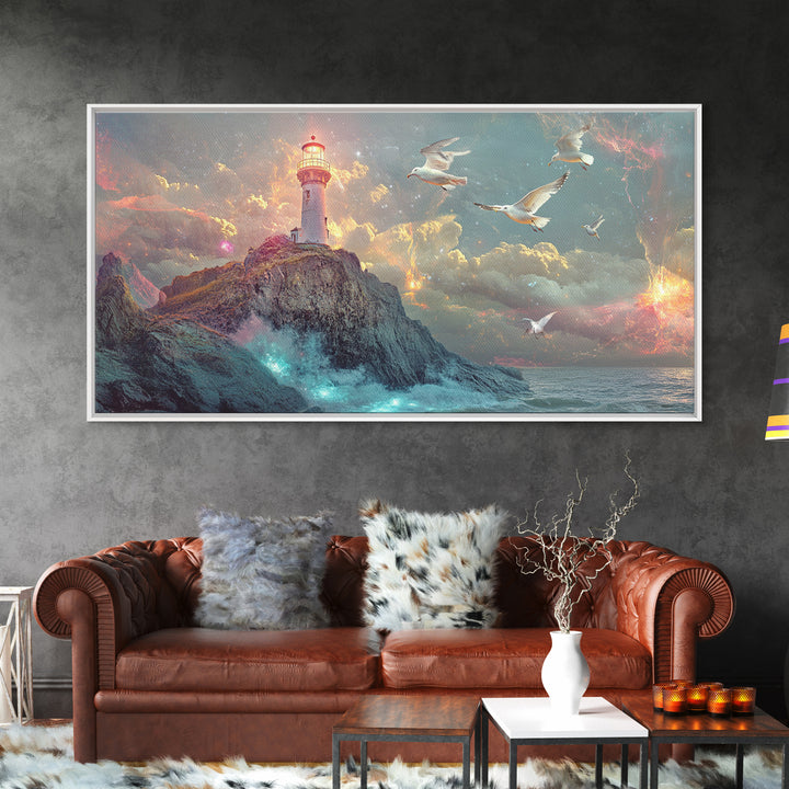Stormy Lighthouse On Rocky Cliff Wall Art, Dramatic Seascape Framed Canvas Print, Nautical Decor, Coastal Wall Art Gift For Him