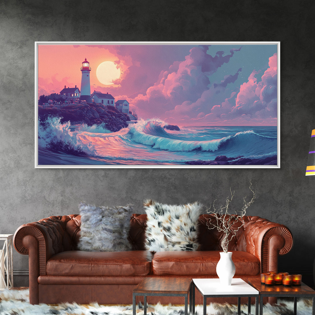 Pastel Moon Lighthouse Wave Wall Art, Dreamy Coastal Seascape Canvas Print, Beach House Decor, Pink Ocean Wall Art Gift For Her