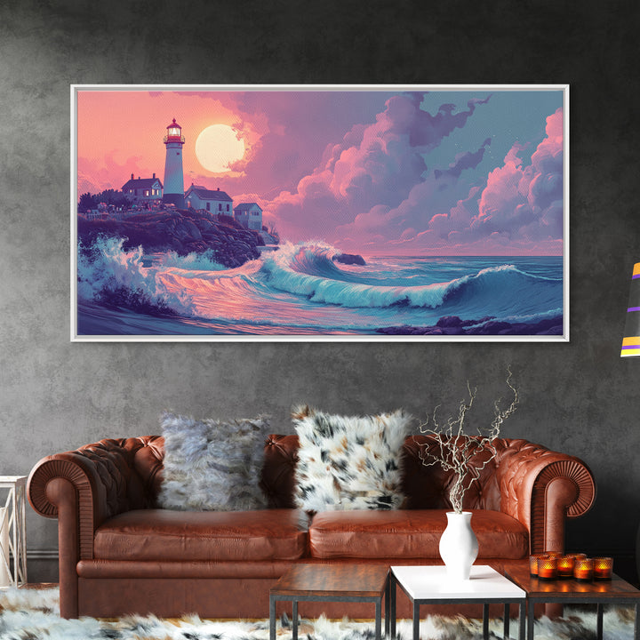 Pastel Moon Lighthouse Wave Wall Art, Dreamy Coastal Seascape Canvas Print, Beach House Decor, Pink Ocean Wall Art Gift For Her