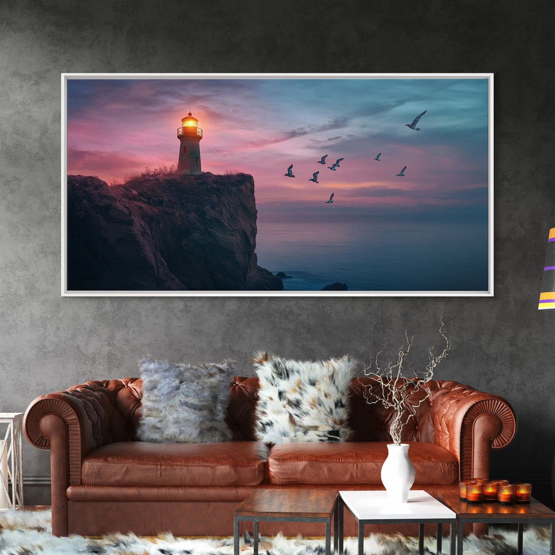 Twilight Lighthouse Cliff Wall Art, Moody Ocean Seascape Canvas Print, Nautical Office Decor, Coastal Wall Art Gift For Him