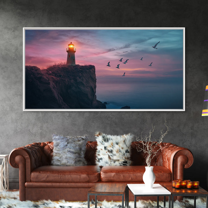 Twilight Lighthouse Cliff Wall Art, Moody Ocean Seascape Canvas Print, Nautical Office Decor, Coastal Wall Art Gift For Him