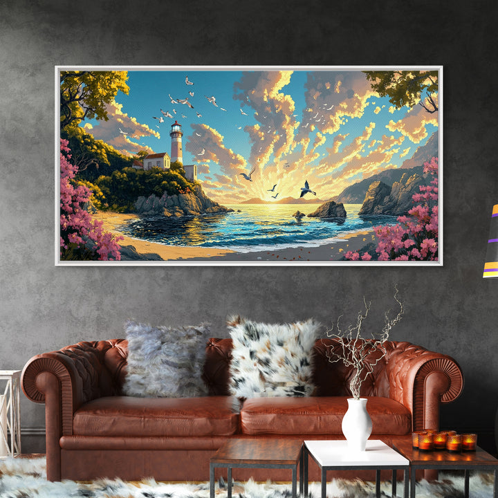 Sunlit Lighthouse Cove With Pink Flowers Canvas Print, Coastal Wall Art, Ocean Seascape, Beach House Decor Gift For Living Room Decor