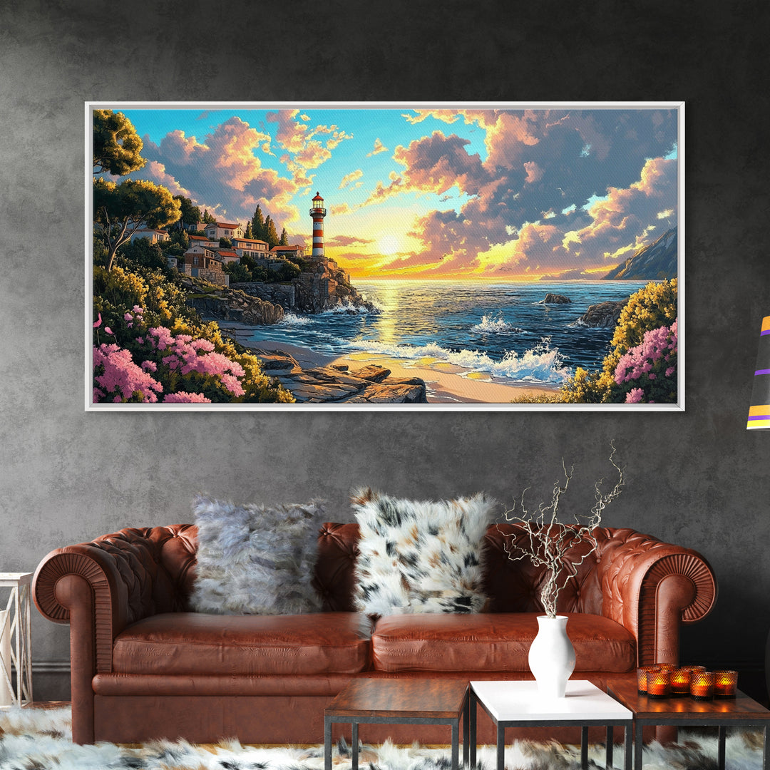 Striped Lighthouse Village At Golden Sunset Framed Canvas Print, Coastal Wall Art, Ocean Painting, Beach House Decor Gift