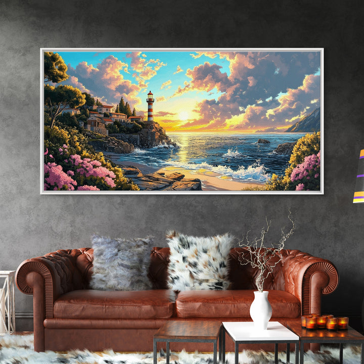 Striped Lighthouse Village At Golden Sunset Framed Canvas Print, Coastal Wall Art, Ocean Painting, Beach House Decor Gift