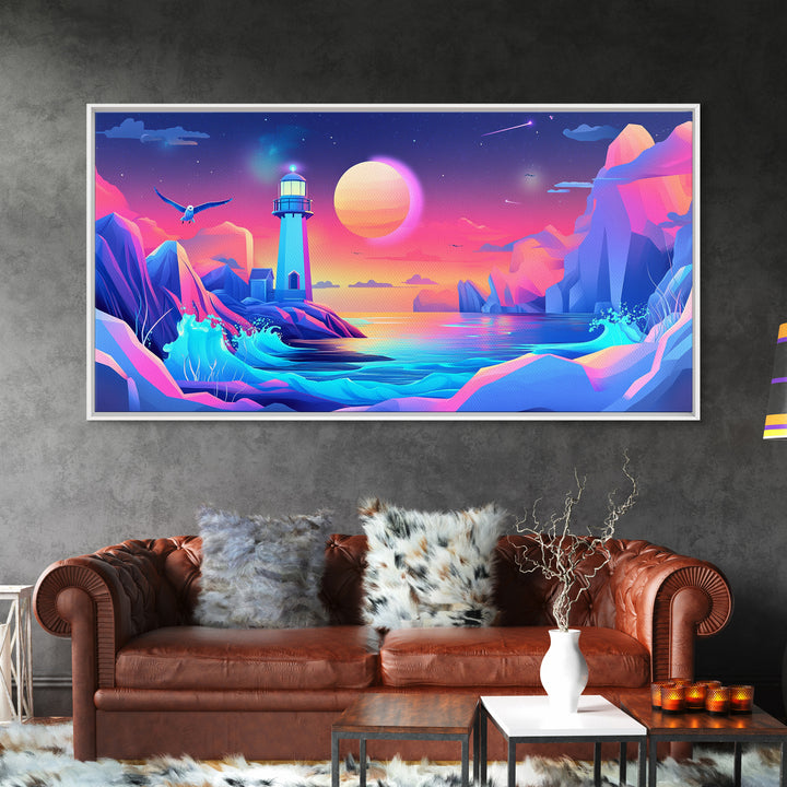 Neon Iceberg Lighthouse Under Giant Moon Canvas Print, Futuristic Wall Art, Cyberpunk Decor, Sci Fi Ocean Landscape Poster