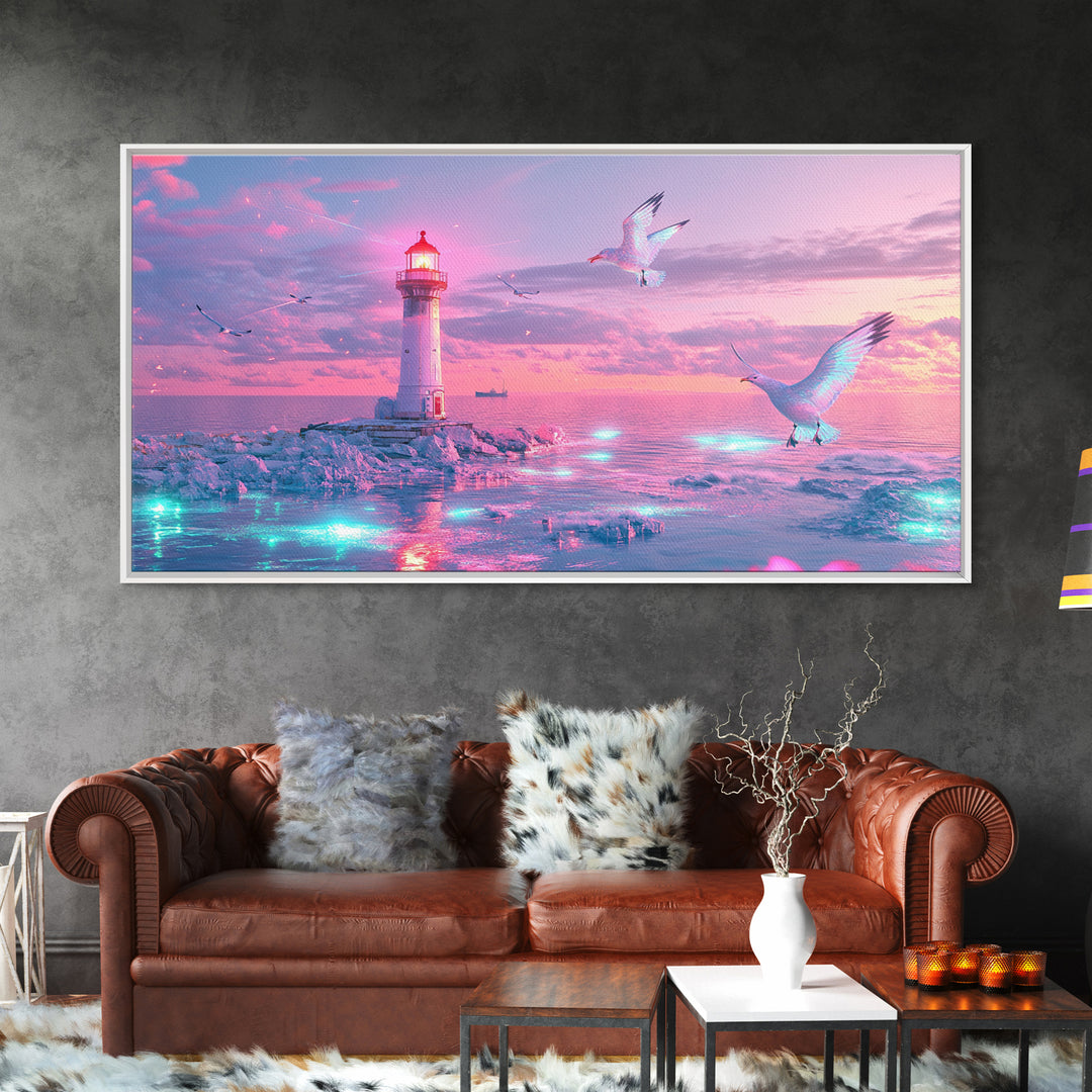 Pastel Pink Lighthouse On Glowing Sea Canvas Print, Coastal Wall Art, Dreamy Seascape, Beach Decor For Bedroom Wall Decor