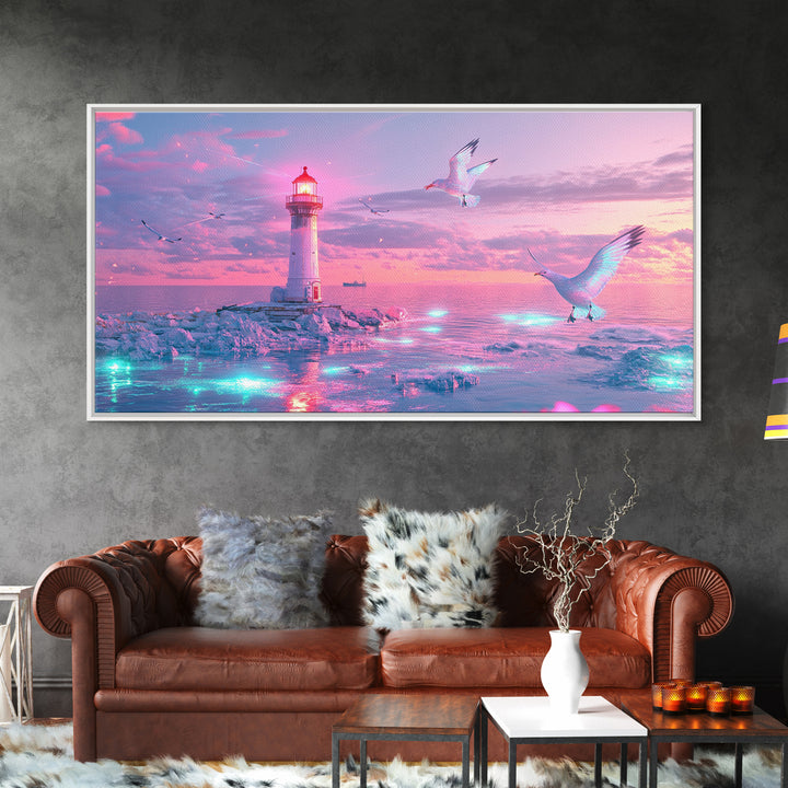 Pastel Pink Lighthouse On Glowing Sea Canvas Print, Coastal Wall Art, Dreamy Seascape, Beach Decor For Bedroom Wall Decor