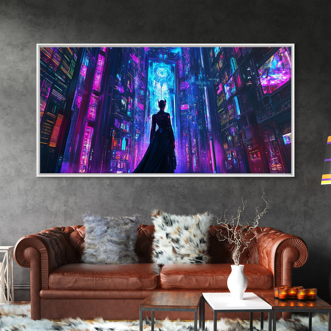 Silhouetted Woman In Neon Cyberpunk City Canvas Print, Futuristic Wall Art, Sci Fi Decor, Gaming Room Statement Art Poster