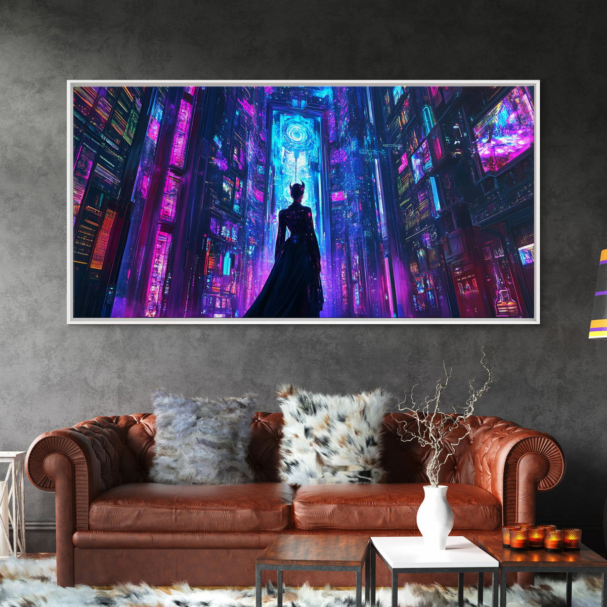 Silhouetted Woman In Neon Cyberpunk City Canvas Print, Futuristic Wall Art, Sci Fi Decor, Gaming Room Statement Art Poster