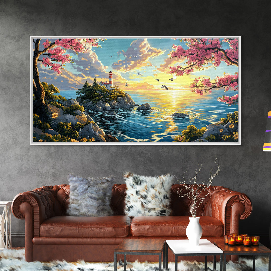 Cherry Blossom Lighthouse Over Golden Sea Framed Canvas Print, Coastal Wall Art, Spring Decor, Ocean Landscape Art Gift Idea