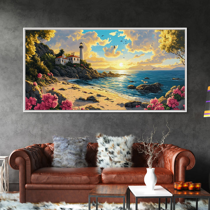 Rocky Beach Lighthouse At Warm Sunset Canvas Print, Coastal Wall Art, Ocean Seascape, Beach House Living Room Decor Gift