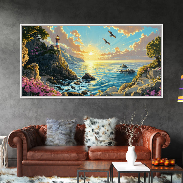 Clifftop Lighthouse Path With Seagulls Framed Canvas Print, Coastal Wall Art, Panoramic Ocean Art, Beach House Decor Gift