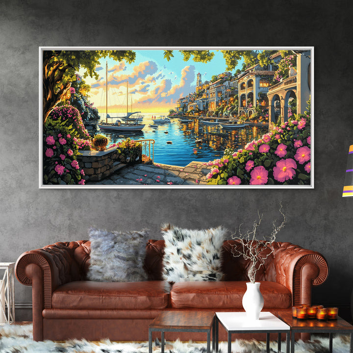 Flower Filled Mediterranean Marina At Sunset Canvas Print, Coastal Wall Art, Italy Decor, Canal Village Landscape Print Gift
