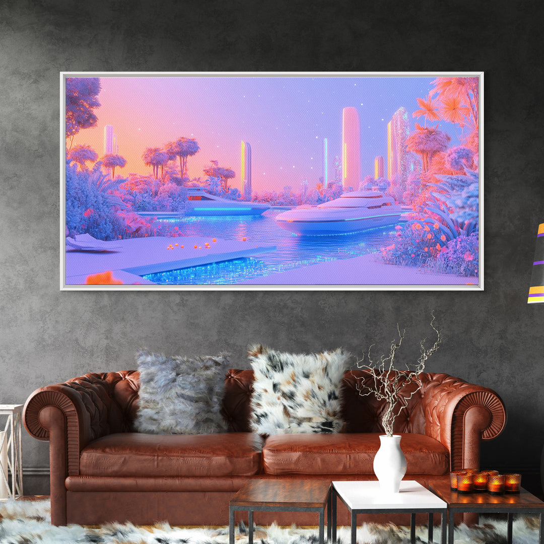 Pastel Futuristic Yacht Canal With Pink Palms Canvas Print, Sci Fi Wall Art, Vaporwave Decor, Dreamy Coastal Poster For Bedroom