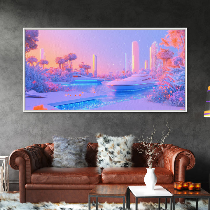 Pastel Futuristic Yacht Canal With Pink Palms Canvas Print, Sci Fi Wall Art, Vaporwave Decor, Dreamy Coastal Poster For Bedroom