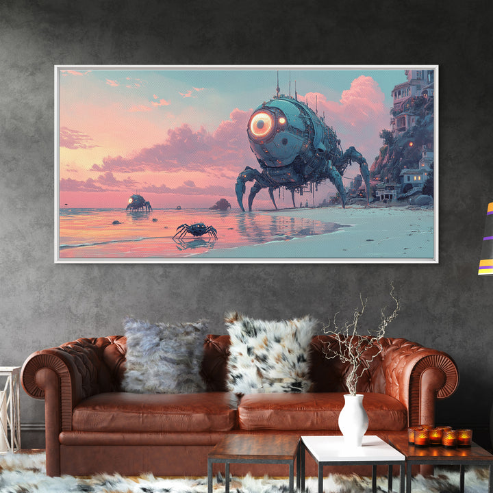 Robot Crab Beach Sunset Wall Art, Sci Fi Coastal Canvas, Futuristic Ocean Decor, Cyberpunk Seascape Print, Gamer Gift For Him
