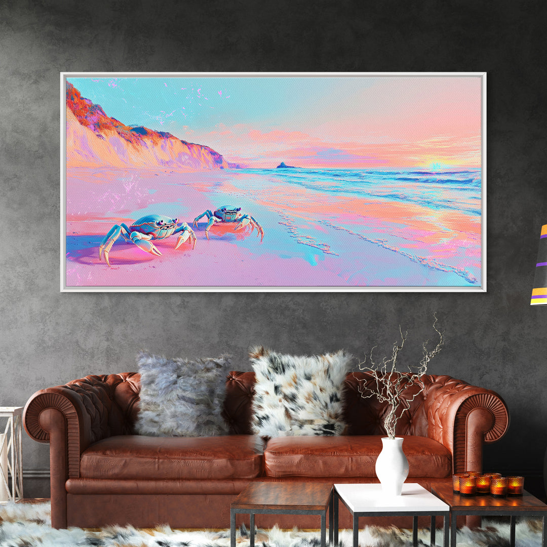 Pastel Crabs On Pink Beach Canvas Print, Coastal Wall Decor, Ocean Sunset Art, Tropical Nursery Decor, Beach House Gift For Her