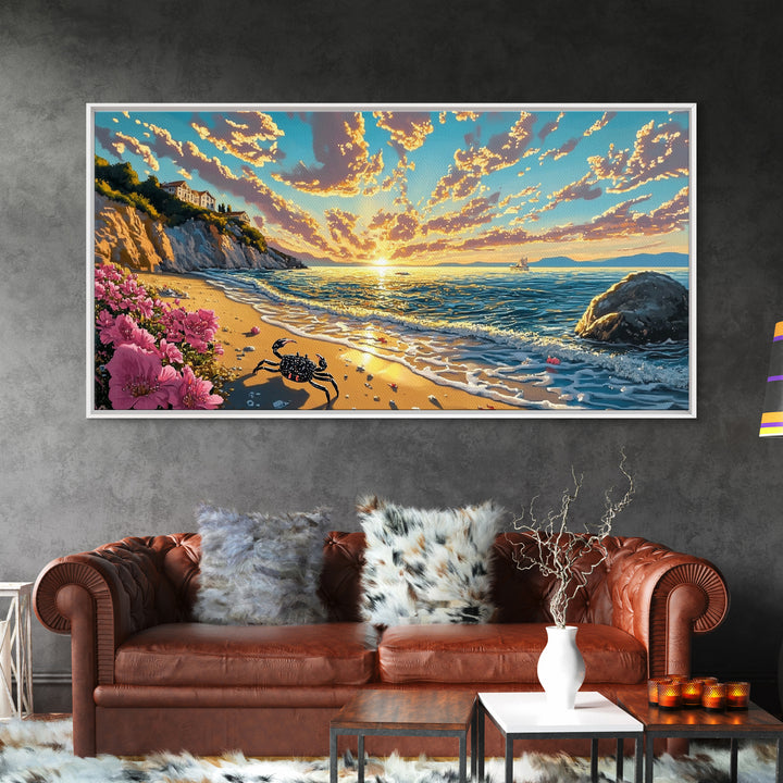 Golden Coastal Sunset With Crab Wall Art, Mediterranean Beach House Decor, Ocean Seascape Print, Living Room Canvas Art Gift
