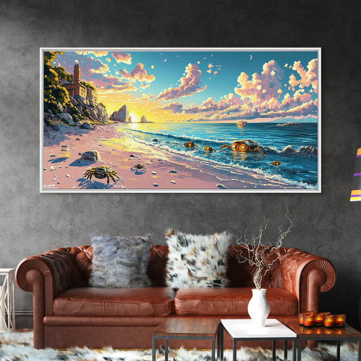 Sunlit Lighthouse Cove And Robot Crab Canvas Print, Coastal Sci Fi Wall Decor, Ocean Beach Art, Futuristic Nautical Gift