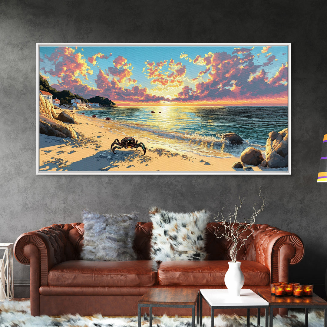 Crab On Golden Beach At Sunset Wall Art, Coastal Seascape Print, Ocean House Decor, Tropical Living Room Canvas Gift For Her