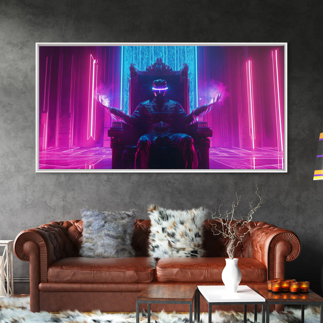 Neon Cyberpunk King On Throne Framed Canvas Print, Futuristic Wall Art, Sci Fi Gaming Room Decor, Dark Fantasy Gift For Him