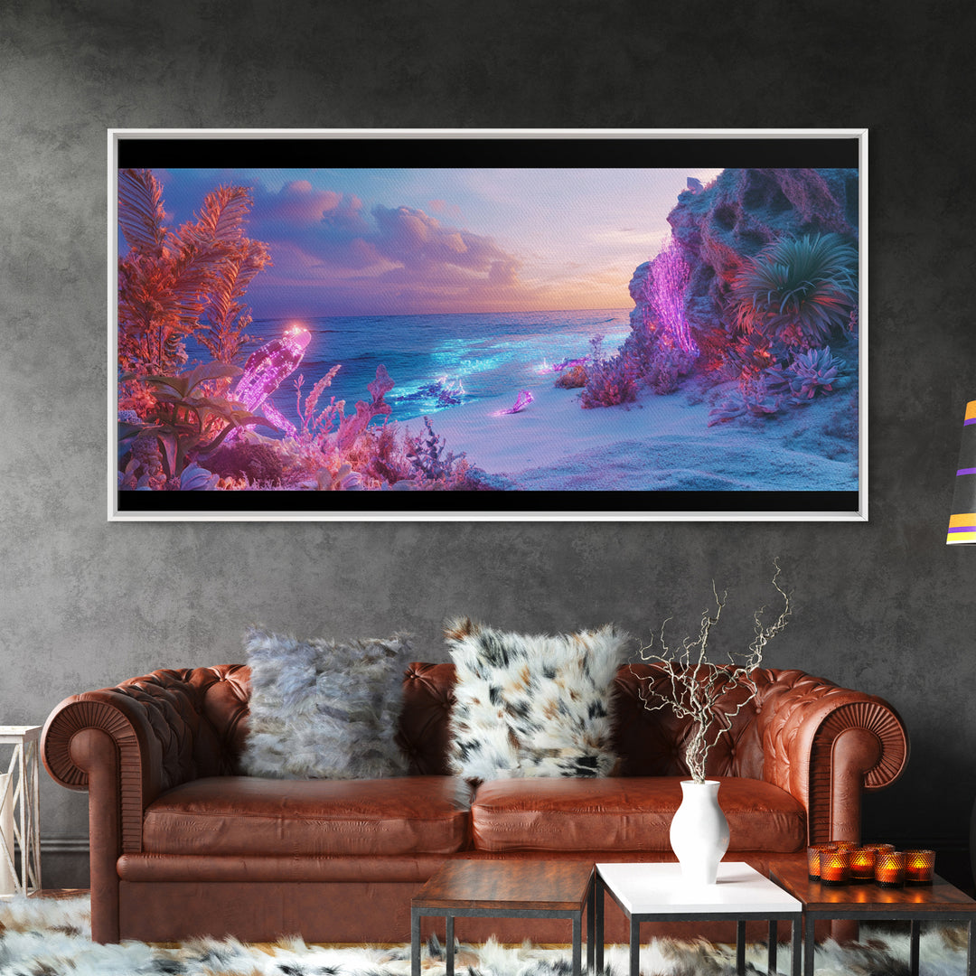 Neon Fantasy Beach With Glowing Coral Canvas Print, Tropical Ocean Wall Art, Cyberpunk Coastal Decor, Ethereal Seascape Print