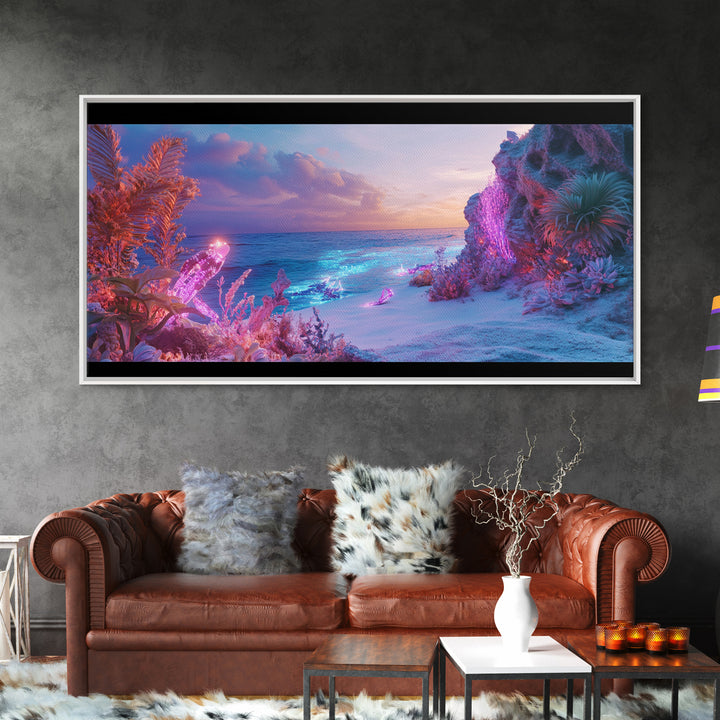 Neon Fantasy Beach With Glowing Coral Canvas Print, Tropical Ocean Wall Art, Cyberpunk Coastal Decor, Ethereal Seascape Print