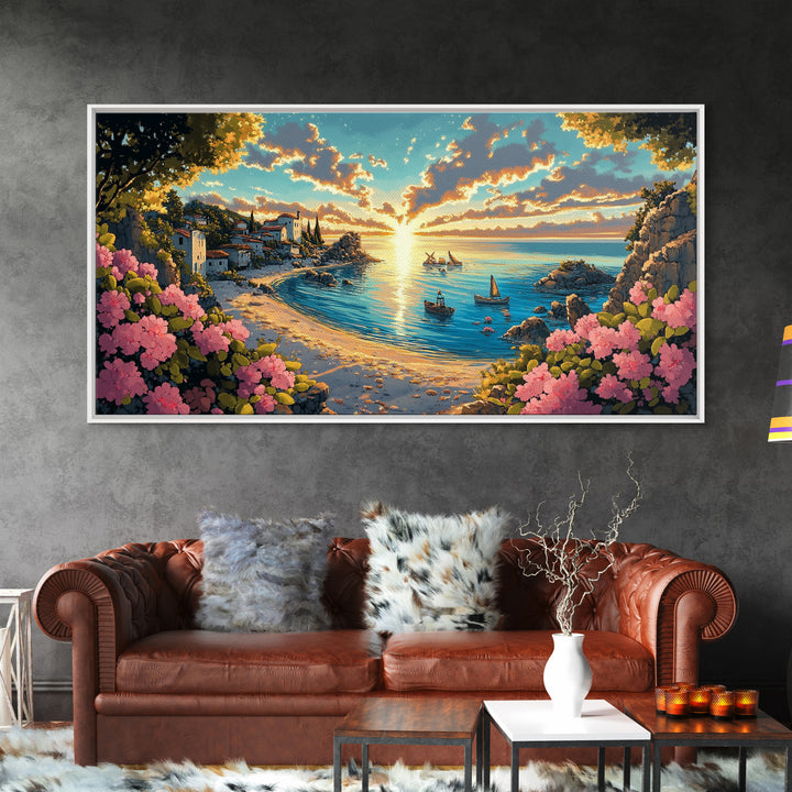 Italian Coastal Village Sunrise Wall Art, Mediterranean Cove Canvas, Beach House Decor, Panoramic Seascape Living Room Print