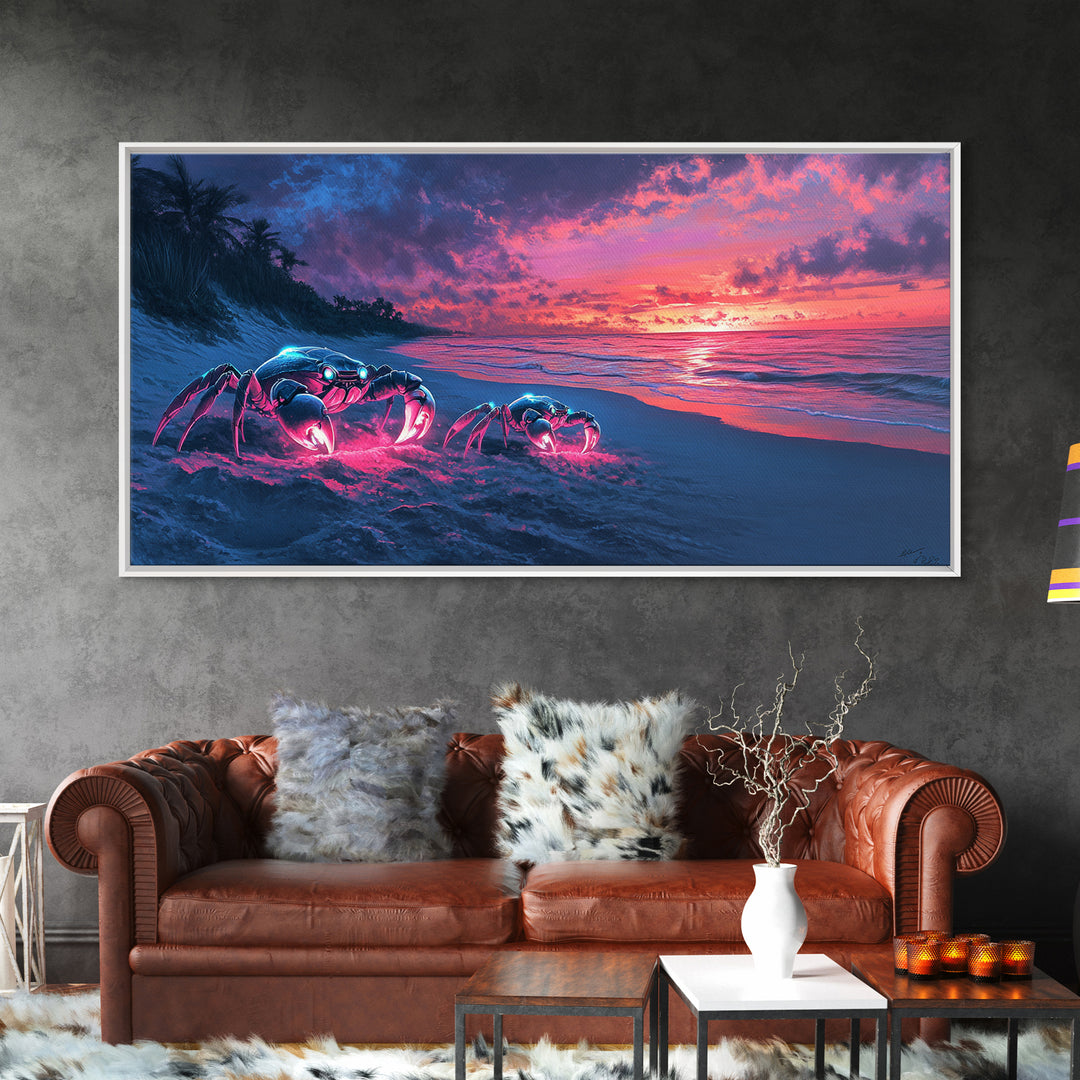 Glowing Neon Crabs On Twilight Beach Canvas Print, Cyberpunk Ocean Wall Art, Tropical Coastal Decor, Sci Fi Seascape Gift