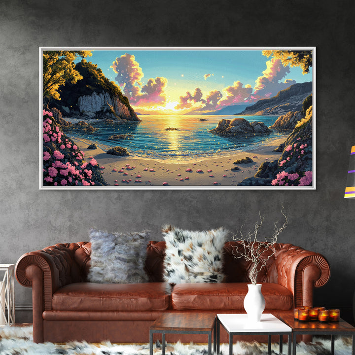 Mountain Cove Sunset With Pink Flowers Wall Art, Coastal Lake Canvas Print, Nature Landscape Decor, Serene Beach House Gift