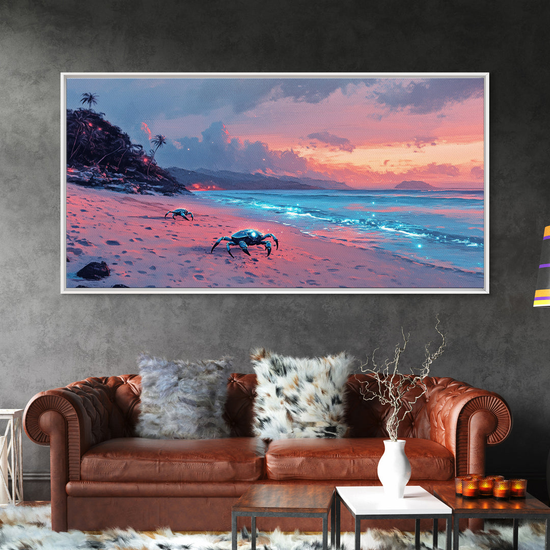 Bioluminescent Crab Beach At Pink Sunset Canvas Print, Coastal Wall Art, Ocean Decor, Beach House Gift, Fantasy Seascape