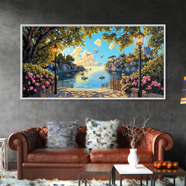 Sunny Mediterranean Harbor With Flowers And Lamps Wall Art, Coastal Canvas Print, Italian Decor, Living Room Wall Decor Gift