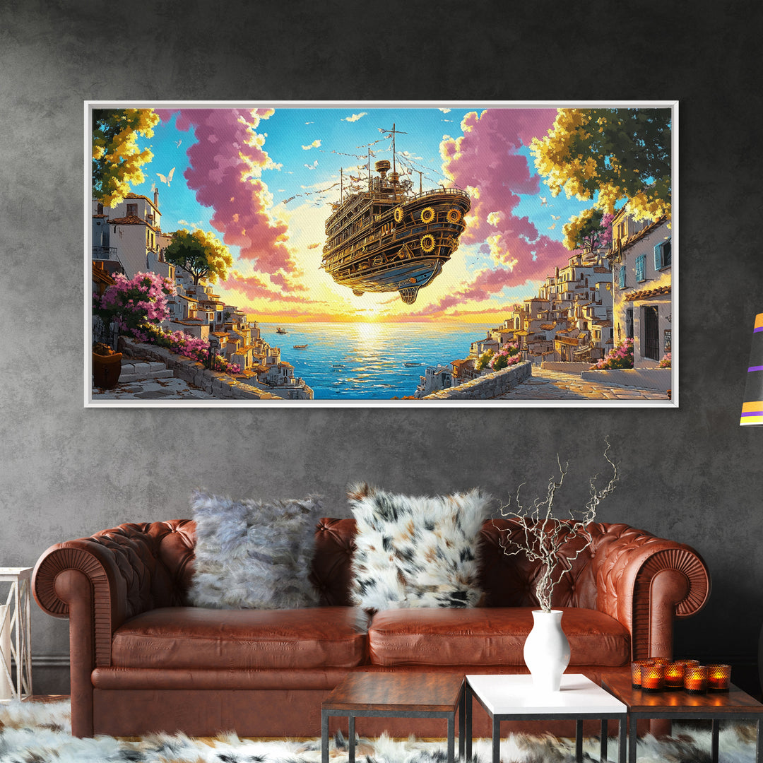 Floating Steampunk Ship Above White Coastal Village Canvas Print, Fantasy Wall Art, Mediterranean Decor, Travel Poster Gift