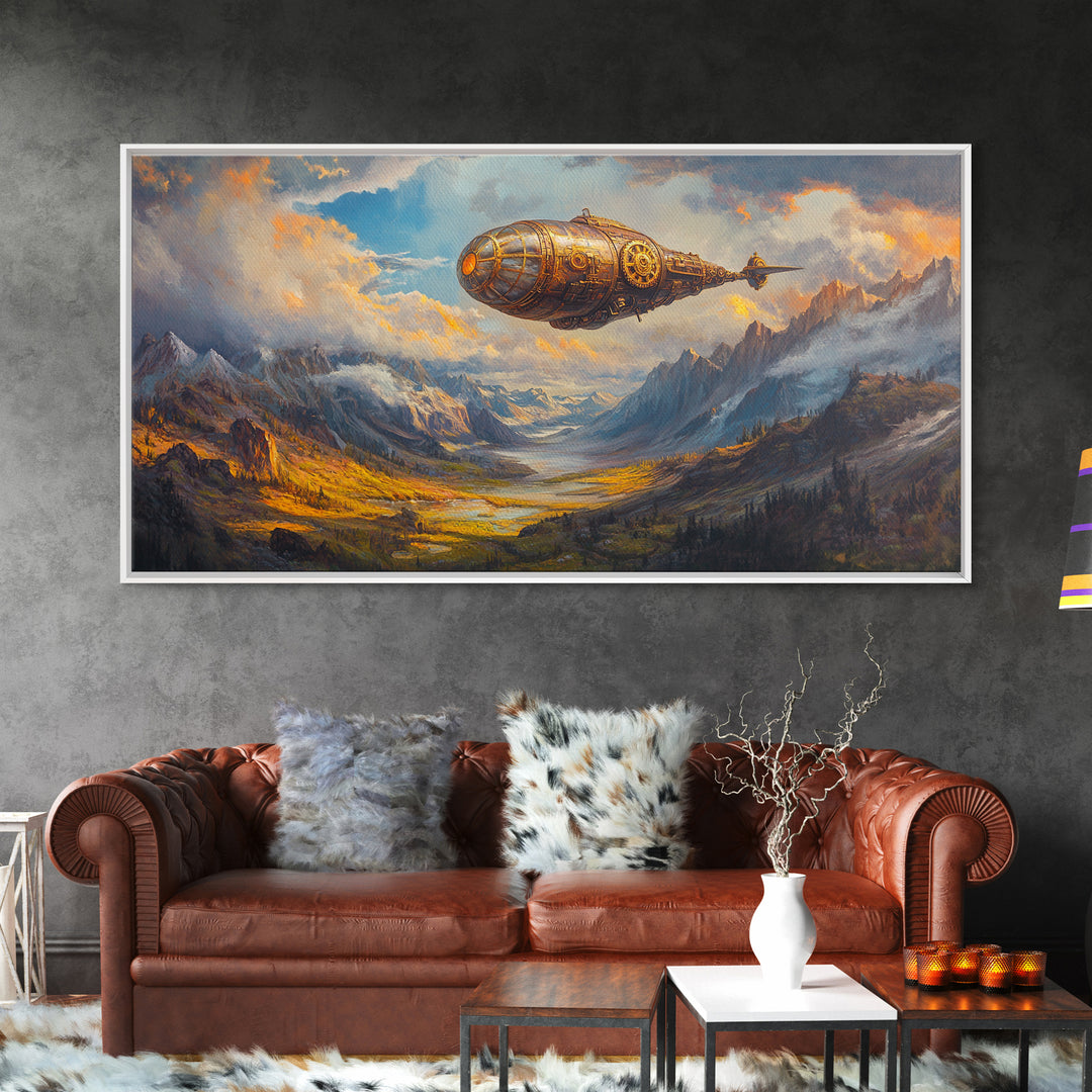 Golden Steampunk Airship Over Snowy Mountain Valley Canvas Print, Fantasy Wall Art, Moody Landscape Art, Office Decor Gift