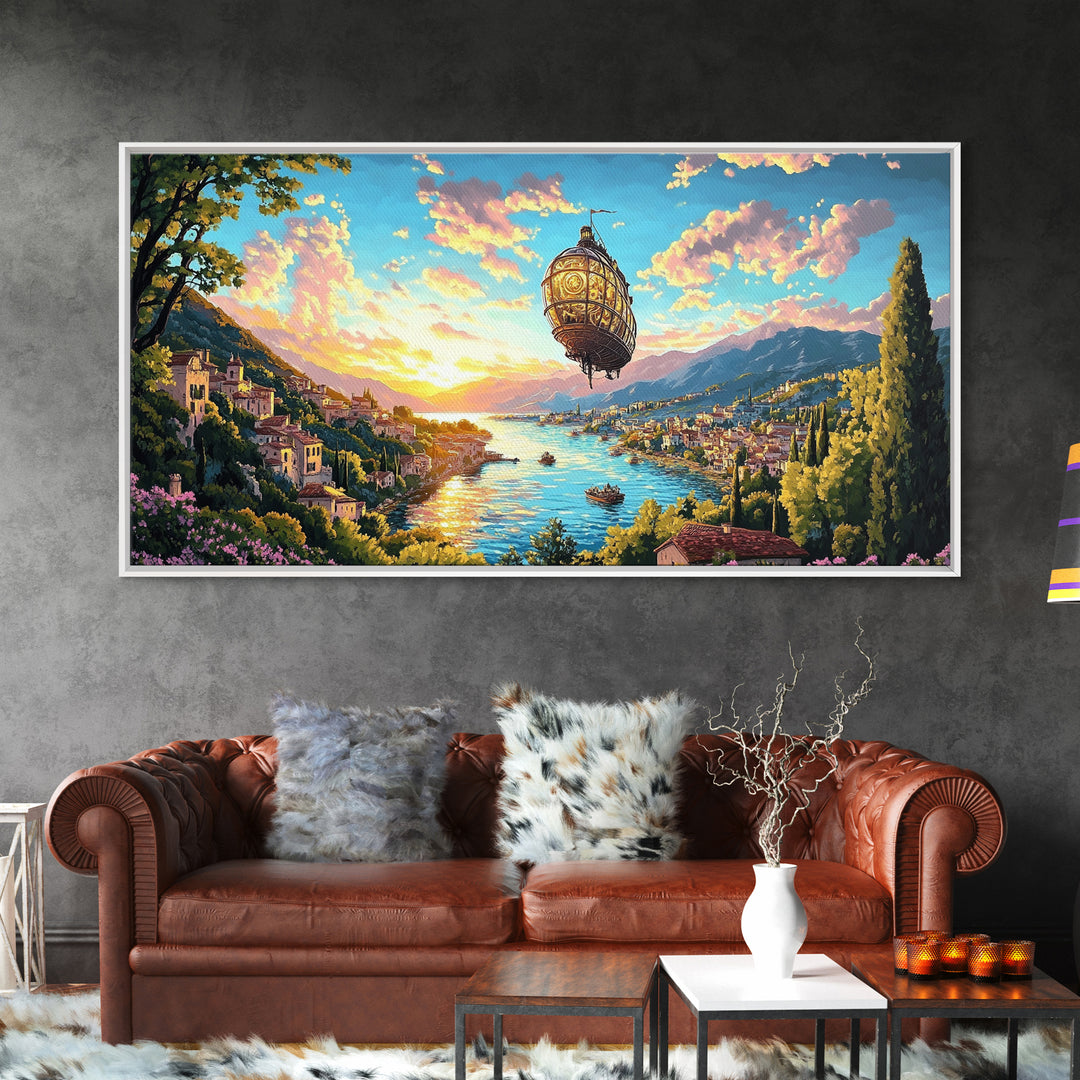 Ornate Airship Over Lake Como Sunset Framed Canvas Print, Italian Wall Art, Mediterranean Decor, Romantic Travel Poster Gift